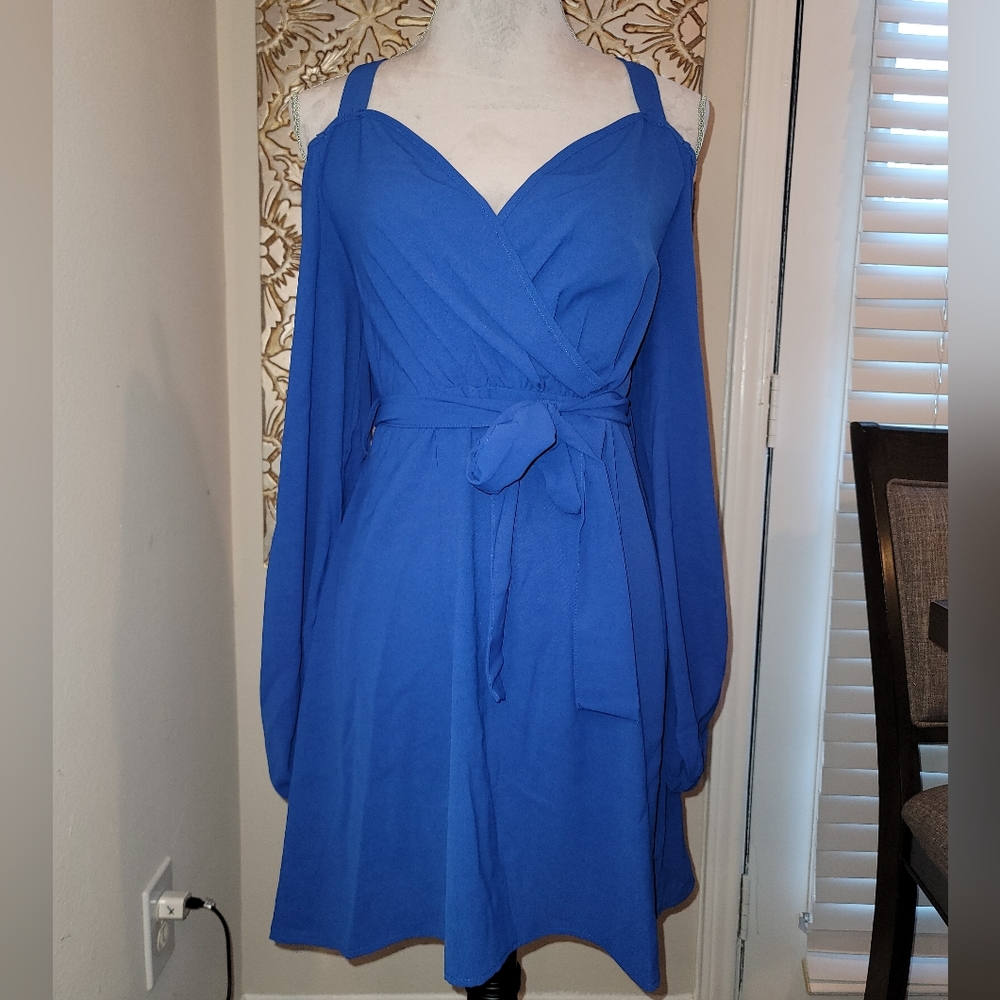 Solid Self Tie Cold Shoulder Dress - Royal Blue - Picture 4 of 4